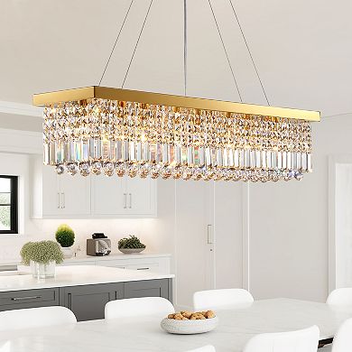 Moooni 8-Light Gold Rectangular Raindrop Crystal Chandelier Adjustable Height for Dining Room