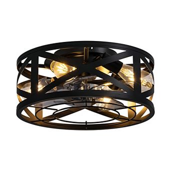 Moooni 16" Industrial Black Caged Low Profile Ceiling Fan with Remote