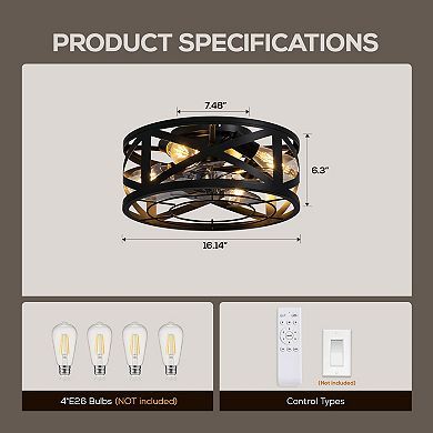 Moooni 16" Industrial Black Caged Low Profile Ceiling Fan with Remote