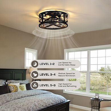 Moooni 16" Industrial Black Caged Low Profile Ceiling Fan with Remote