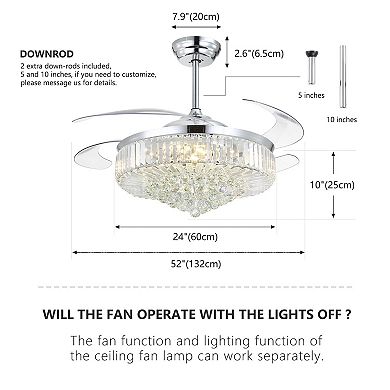 Moooni 52" Smart Chrome Crystal Retractable Fandelier Ceiling Fan with LED Light
