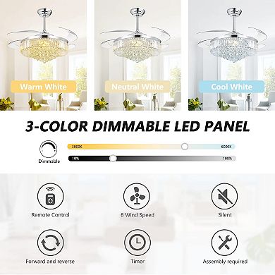 Moooni 52" Smart Chrome Crystal Retractable Fandelier Ceiling Fan with LED Light