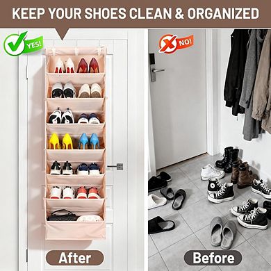 Over Door Hanging Shoe Organizer with Dustproof Mesh and 6 Side Pockets
