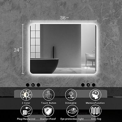 Moooni Modern Backlit LED Bathroom Mirror, 24" x 36" with Anti-Fog, 3 Color Modes & Memory Function
