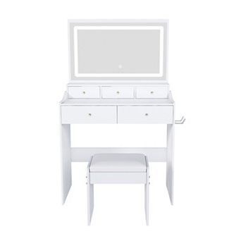Modern White Vanity Desk with Large Adjustable Lighted Mirror, 5 Drawers