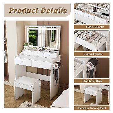 Modern White Vanity Desk with Large Adjustable Lighted Mirror, 5 Drawers