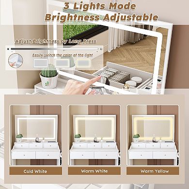 Modern White Vanity Desk with Large Adjustable Lighted Mirror, 5 Drawers