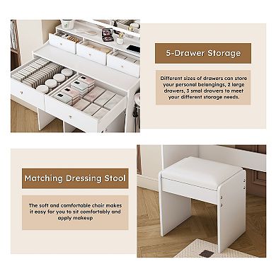 Modern White Vanity Desk with Large Adjustable Lighted Mirror, 5 Drawers