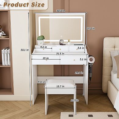 Modern White Vanity Desk with Large Adjustable Lighted Mirror, 5 Drawers