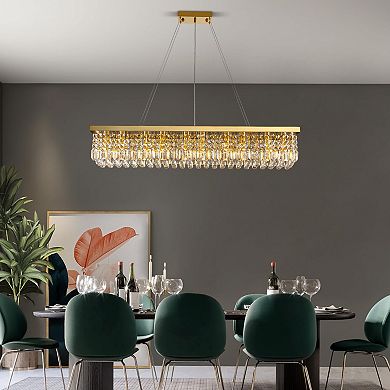 Moooni 10-Light Gold Rectangular Raindrop Crystal Chandelier Adjustable Height for Dining Room
