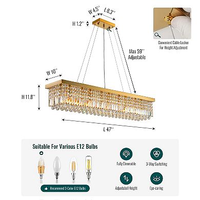 Moooni 10-Light Gold Rectangular Raindrop Crystal Chandelier Adjustable Height for Dining Room