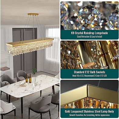 Moooni 10-Light Gold Rectangular Raindrop Crystal Chandelier Adjustable Height for Dining Room