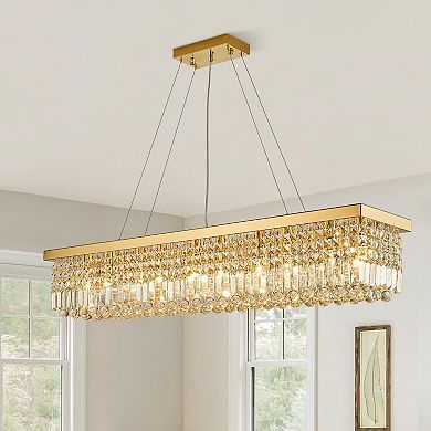 Moooni 10-Light Gold Rectangular Raindrop Crystal Chandelier Adjustable Height for Dining Room