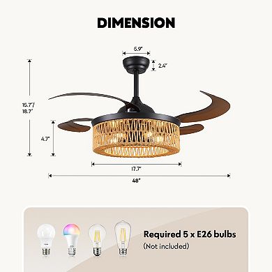 Moooni 48"Boho Woven Cage Bladeless Chandelier Ceiling Fan with Remote
