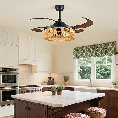 Moooni 48"Boho Woven Cage Bladeless Chandelier Ceiling Fan with Remote