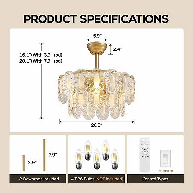 Moooni 20" Mid-Century Gold Glass Caged Chandelier Ceiling Fan with Light&Remote Control