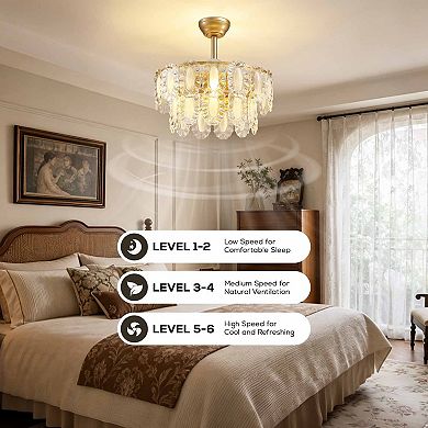 Moooni 20" Mid-Century Gold Glass Caged Chandelier Ceiling Fan with Light&Remote Control