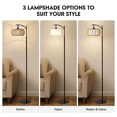 Moooni 66" Black Rattan Fabric Double Shade Floor Lamp with Pedal Switch