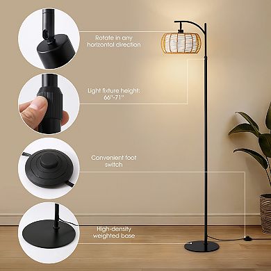 Moooni 66" Black Rattan Fabric Double Shade Floor Lamp with Pedal Switch