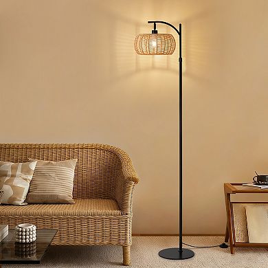 Moooni 66" Black Rattan Fabric Double Shade Floor Lamp with Pedal Switch