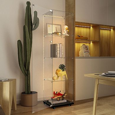 Moooni 65in Black Glass Display Cabinet with Bluetooth LED Lighting for the Living Room or Study