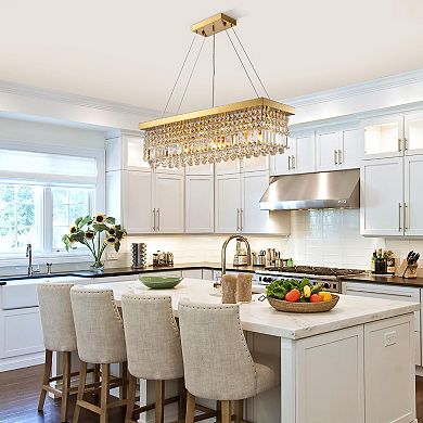 Moooni 6-Light Gold Rectangular Raindrop Crystal Chandelier Adjustable Height for Dining Room