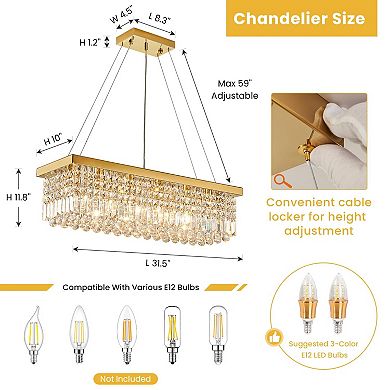 Moooni 6-Light Gold Rectangular Raindrop Crystal Chandelier Adjustable Height for Dining Room