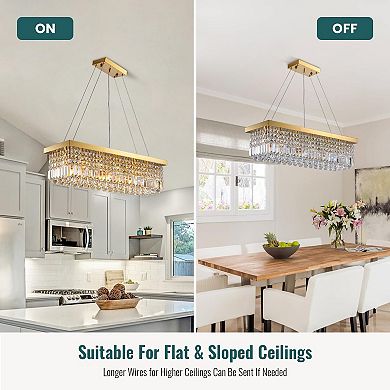 Moooni 6-Light Gold Rectangular Raindrop Crystal Chandelier Adjustable Height for Dining Room