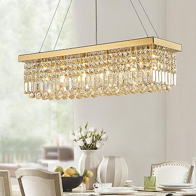Moooni 6-Light Gold Rectangular Raindrop Crystal Chandelier Adjustable Height for Dining Room