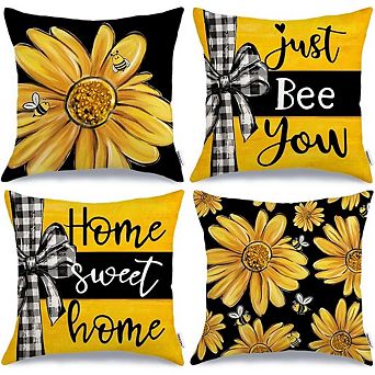 Summer Pillow Covers Set of 4, Daisy Bee Farmhouse Floral Cushion Decor