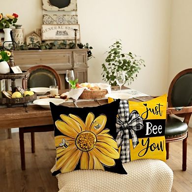 Summer Pillow Covers Set of 4, Daisy Bee Farmhouse Floral Cushion Decor