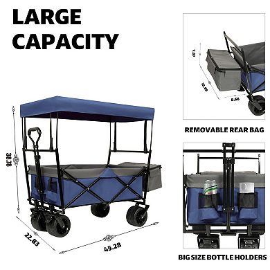 480Lbs Collapsible Wagon with Mosquito Net & Canopy, 7" All-Terrain Wheels for Camping, Shopping