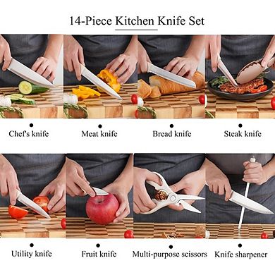 14-Piece Kitchen Knife Set with Knife Block and Sharpener Dishwasher Safe