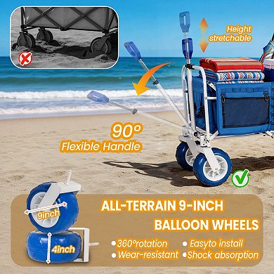 Beach Wagon Cart with 9" All-Terrain Wheels, Adjustable Handle for Beach, Camping, Families