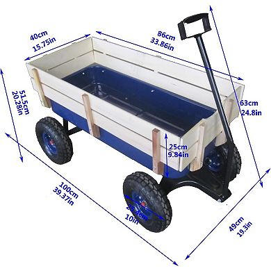 Heavy Duty Steel Cargo Wagon, All Terrain Tires & Wooden Panels, 176LB Capacity, Foldable Handle