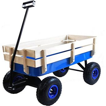 Heavy Duty Steel Cargo Wagon, All Terrain Tires & Wooden Panels, 176LB Capacity, Foldable Handle