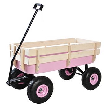 Heavy Duty Steel Cargo Wagon, All Terrain Tires & Wooden Panels, 176LB Capacity, Foldable Handle