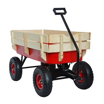 Heavy Duty Steel Cargo Wagon, All Terrain Tires & Wooden Panels, 176LB Capacity, Foldable Handle