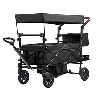 Foldable Wagon, Push Pull Collapsible with Adjustable Handle, Removable Canopy for Camping, Travel