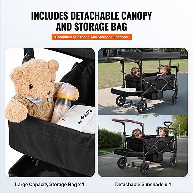 Foldable Wagon, Push Pull Collapsible with Adjustable Handle, Removable Canopy for Camping, Travel