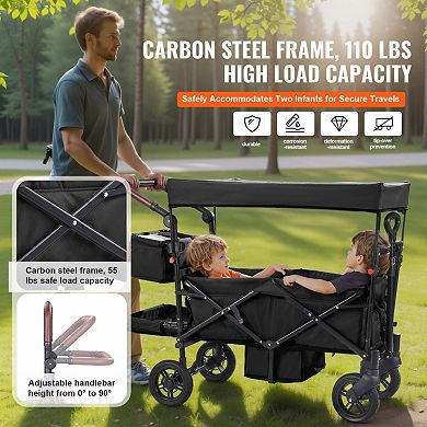 Foldable Wagon, Push Pull Collapsible with Adjustable Handle, Removable Canopy for Camping, Travel