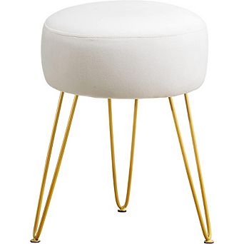 White Velvet Vanity Stool, Round Padded Footstool, Multi-Use