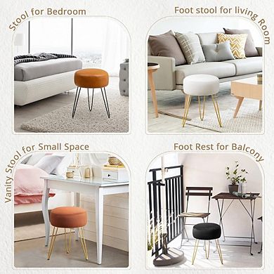 White Velvet Vanity Stool, Round Padded Footstool, Multi-Use