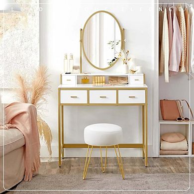 White Velvet Vanity Stool, Round Padded Footstool, Multi-Use