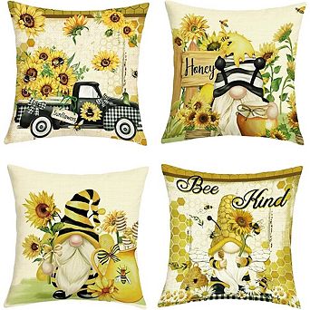 Sunflower Gnome Throw Pillow Covers Set of 4, Farmhouse Bee Truck Cushion Covers