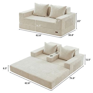 MAXYOYO Convertible Sofa Bed, Corded Foldable Boneless Couch with Cup Holders for Small Spaces