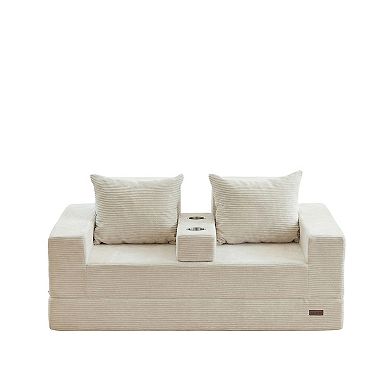MAXYOYO Convertible Sofa Bed, Corded Foldable Boneless Couch with Cup Holders for Small Spaces