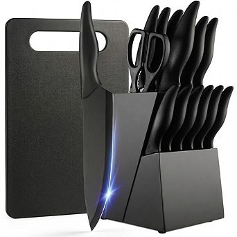 16 pc Kitchen Knife Set with Knife Block, Cutting Board, and Sharpener Stainless Steel