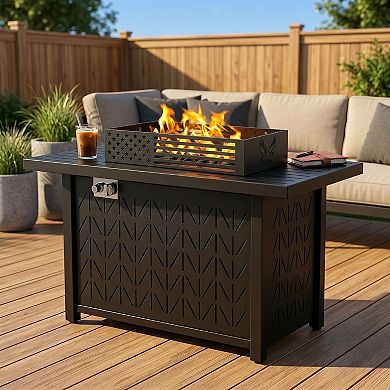 Evita 43" Outdoor Propane Fire Pit Table with Wind Guard50,000 BTU Gas Firepit with Lid