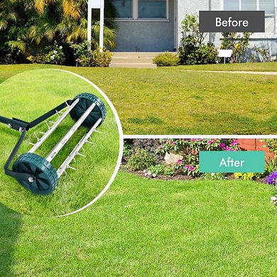 18 Inch Rolling Lawn Aerator with Metal Spikes and Anti-Slip Handle